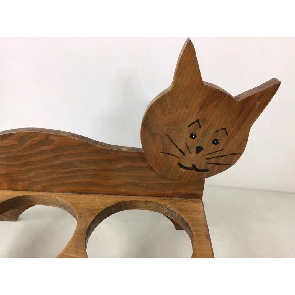 Vintage Wooden Cat Dish Holder